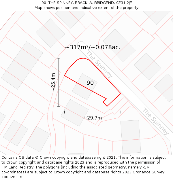 90, THE SPINNEY, BRACKLA, BRIDGEND, CF31 2JE: Plot and title map