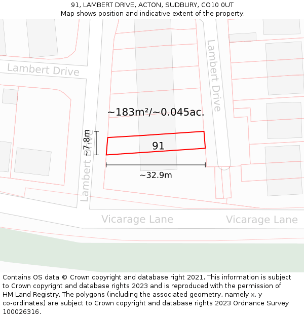 91, LAMBERT DRIVE, ACTON, SUDBURY, CO10 0UT: Plot and title map