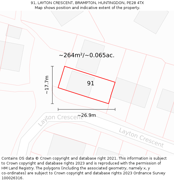 91, LAYTON CRESCENT, BRAMPTON, HUNTINGDON, PE28 4TX: Plot and title map