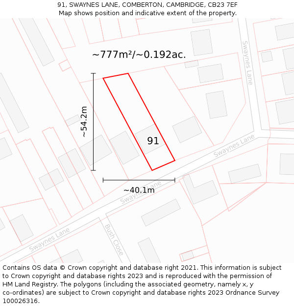 91, SWAYNES LANE, COMBERTON, CAMBRIDGE, CB23 7EF: Plot and title map