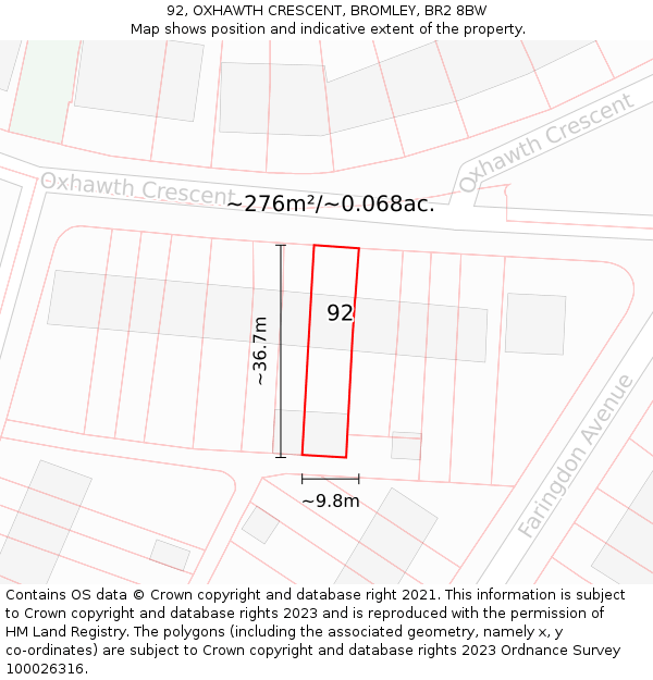 92, OXHAWTH CRESCENT, BROMLEY, BR2 8BW: Plot and title map