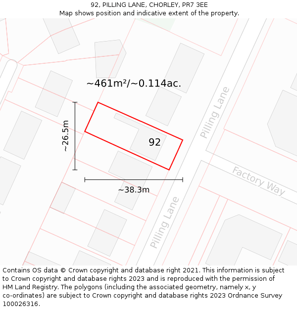 92, PILLING LANE, CHORLEY, PR7 3EE: Plot and title map