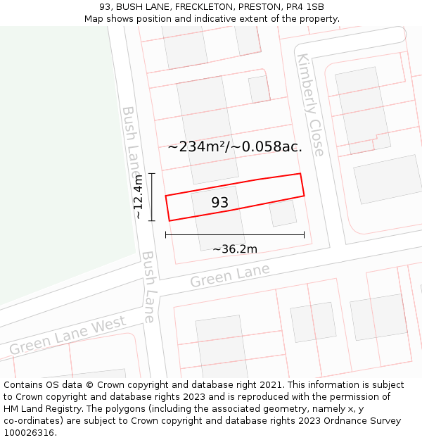93, BUSH LANE, FRECKLETON, PRESTON, PR4 1SB: Plot and title map