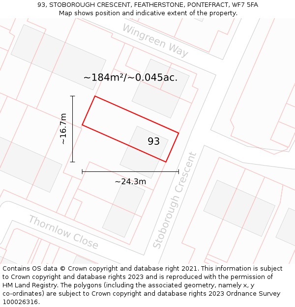 93, STOBOROUGH CRESCENT, FEATHERSTONE, PONTEFRACT, WF7 5FA: Plot and title map