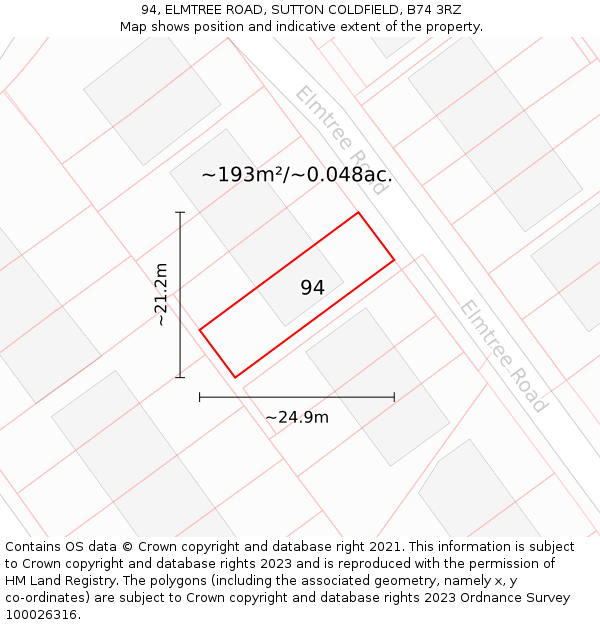 94, ELMTREE ROAD, SUTTON COLDFIELD, B74 3RZ: Plot and title map