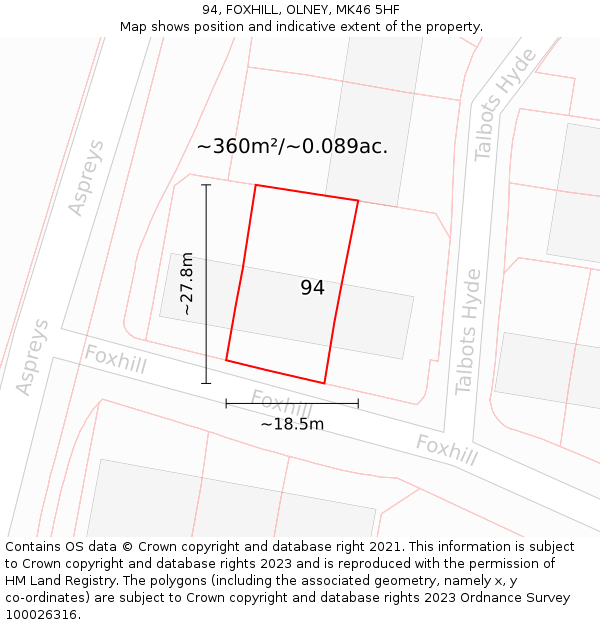 94, FOXHILL, OLNEY, MK46 5HF: Plot and title map