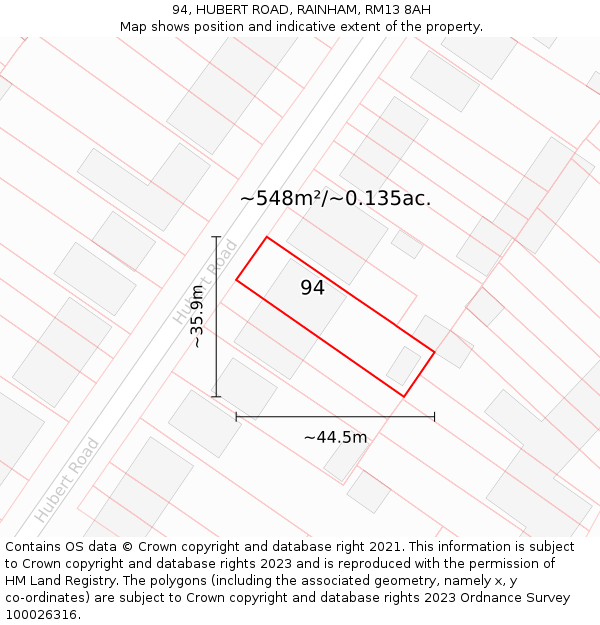 94, HUBERT ROAD, RAINHAM, RM13 8AH: Plot and title map