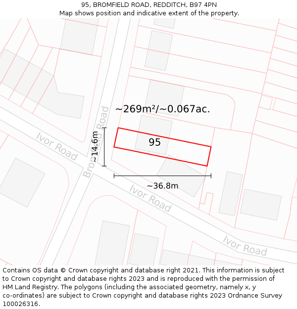 95, BROMFIELD ROAD, REDDITCH, B97 4PN: Plot and title map