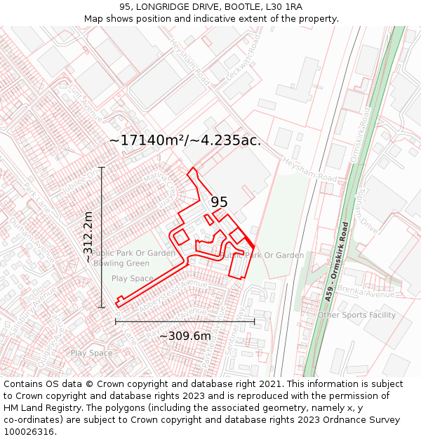95, LONGRIDGE DRIVE, BOOTLE, L30 1RA: Plot and title map