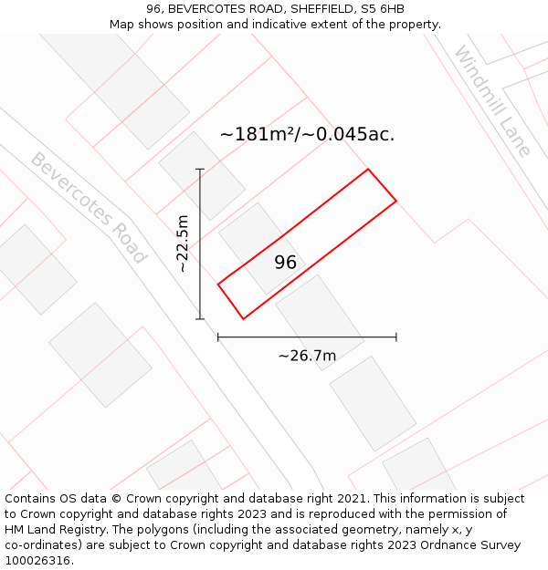 96, BEVERCOTES ROAD, SHEFFIELD, S5 6HB: Plot and title map
