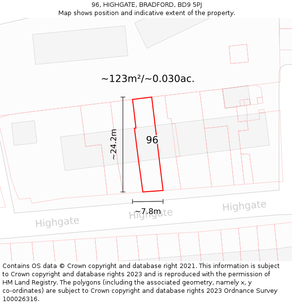 96, HIGHGATE, BRADFORD, BD9 5PJ: Plot and title map