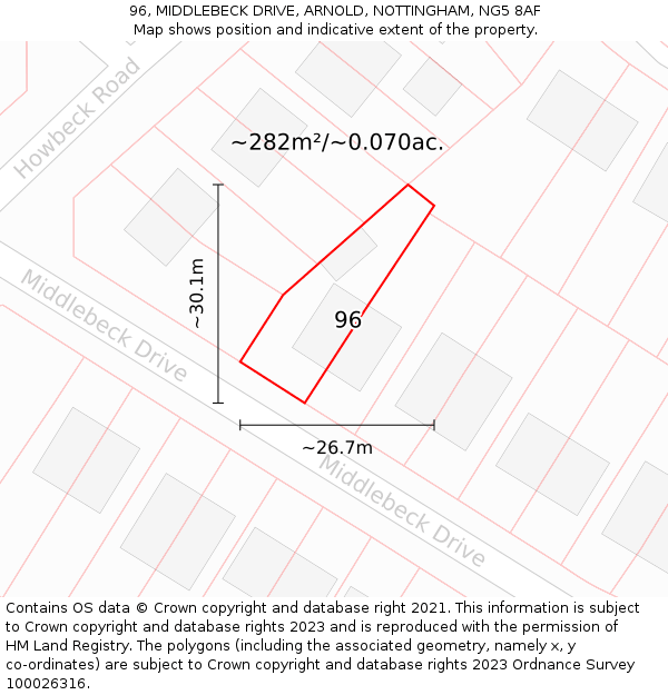 96, MIDDLEBECK DRIVE, ARNOLD, NOTTINGHAM, NG5 8AF: Plot and title map