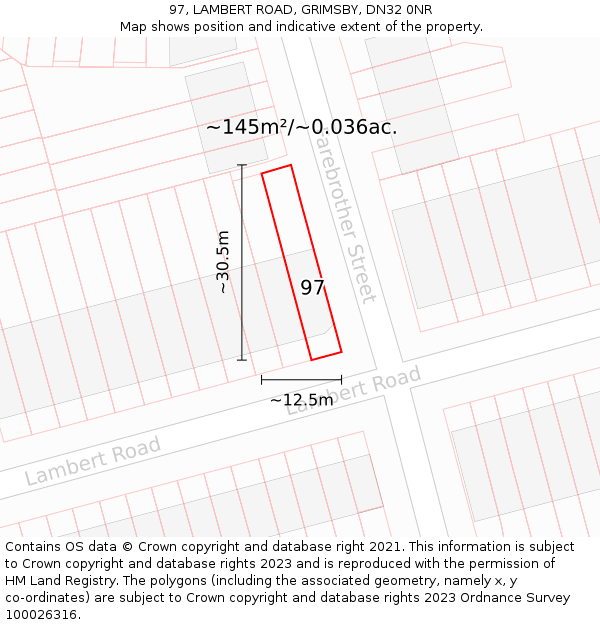 97, LAMBERT ROAD, GRIMSBY, DN32 0NR: Plot and title map