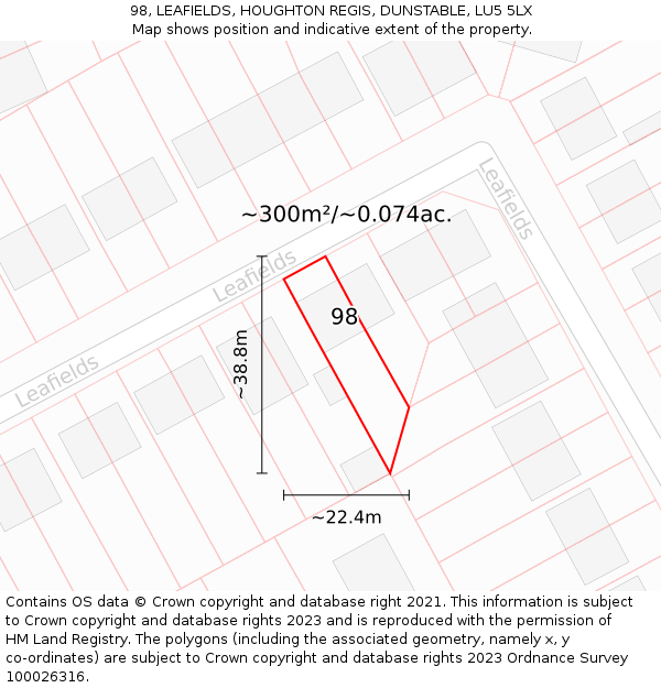 98, LEAFIELDS, HOUGHTON REGIS, DUNSTABLE, LU5 5LX: Plot and title map