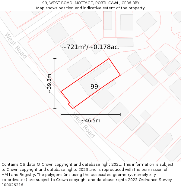 99, WEST ROAD, NOTTAGE, PORTHCAWL, CF36 3RY: Plot and title map