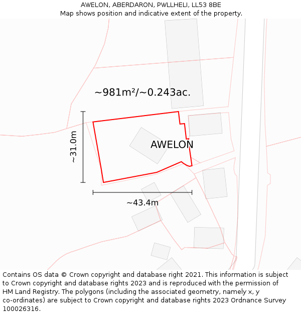 AWELON, ABERDARON, PWLLHELI, LL53 8BE: Plot and title map