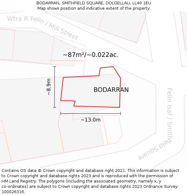 BODARRAN, SMITHFIELD SQUARE, DOLGELLAU, LL40 1EU: Plot and title map
