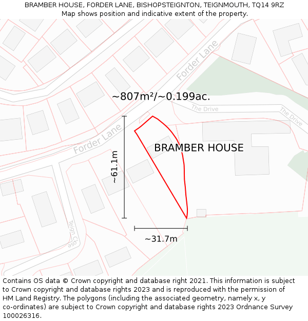 BRAMBER HOUSE, FORDER LANE, BISHOPSTEIGNTON, TEIGNMOUTH, TQ14 9RZ: Plot and title map