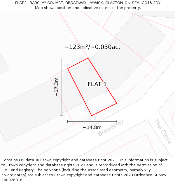 FLAT 1, BARCLAY SQUARE, BROADWAY, JAYWICK, CLACTON-ON-SEA, CO15 2DY: Plot and title map