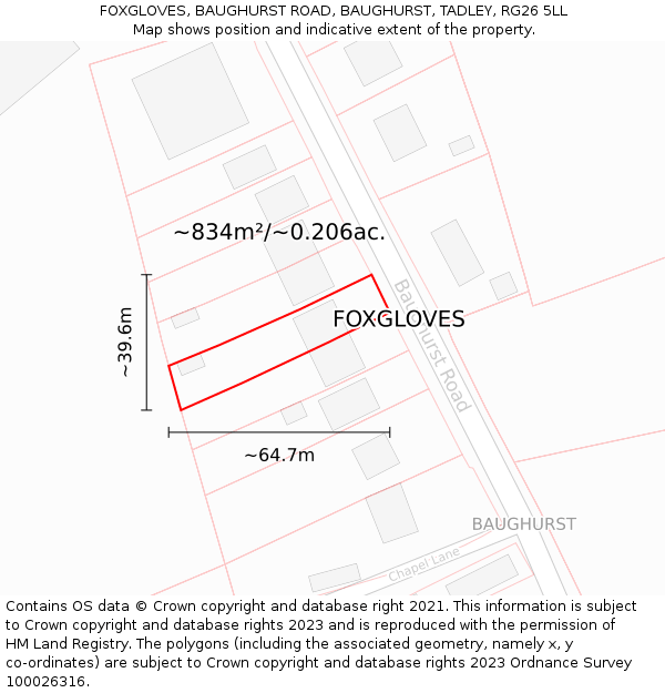 FOXGLOVES, BAUGHURST ROAD, BAUGHURST, TADLEY, RG26 5LL: Plot and title map