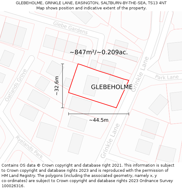 GLEBEHOLME, GRINKLE LANE, EASINGTON, SALTBURN-BY-THE-SEA, TS13 4NT: Plot and title map