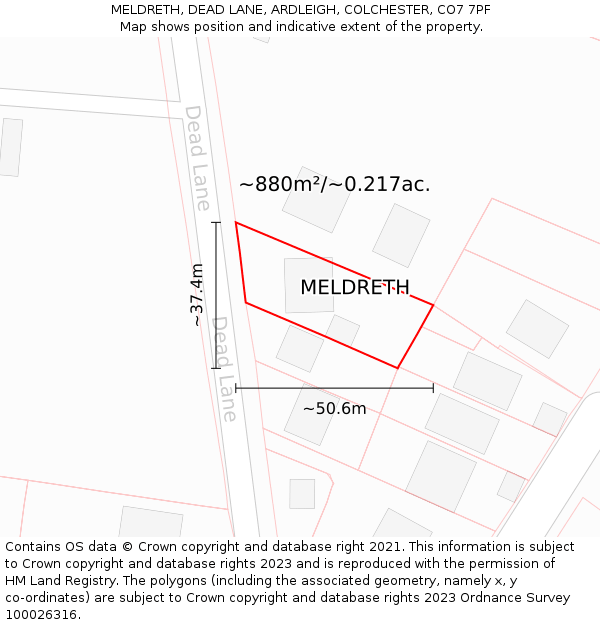 MELDRETH, DEAD LANE, ARDLEIGH, COLCHESTER, CO7 7PF: Plot and title map