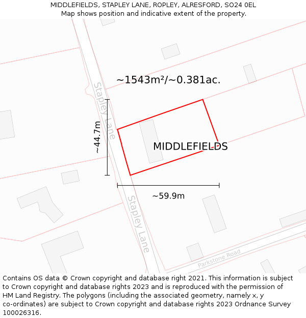 MIDDLEFIELDS, STAPLEY LANE, ROPLEY, ALRESFORD, SO24 0EL: Plot and title map