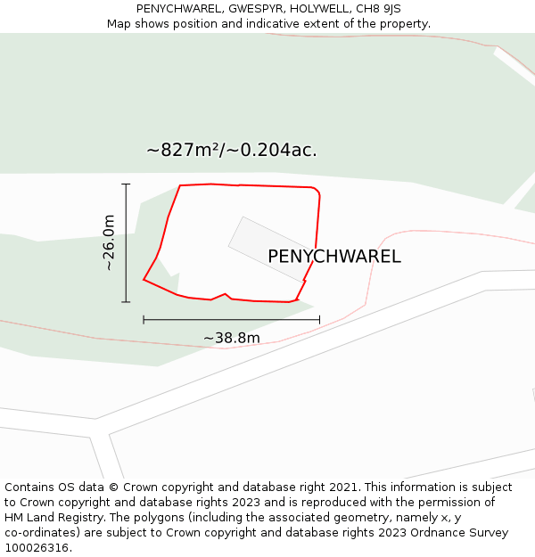 PENYCHWAREL, GWESPYR, HOLYWELL, CH8 9JS: Plot and title map