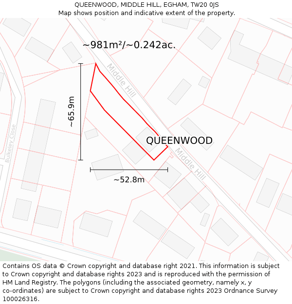 QUEENWOOD, MIDDLE HILL, EGHAM, TW20 0JS: Plot and title map