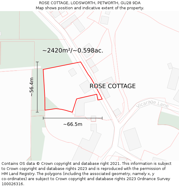 ROSE COTTAGE, LODSWORTH, PETWORTH, GU28 9DA: Plot and title map