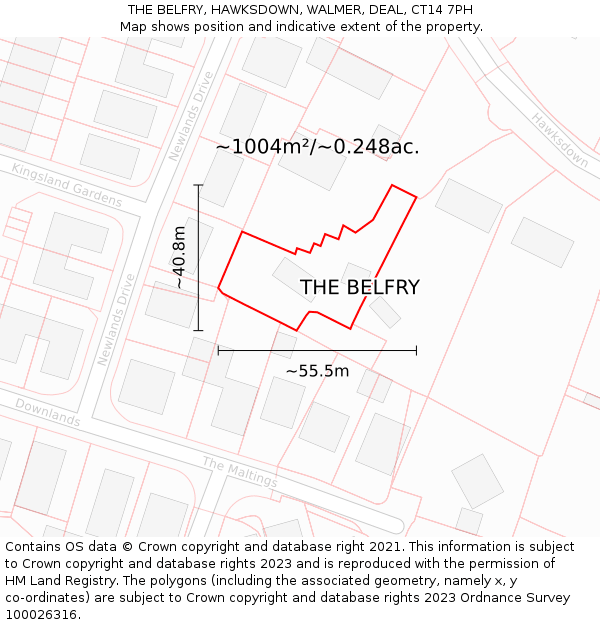 THE BELFRY, HAWKSDOWN, WALMER, DEAL, CT14 7PH: Plot and title map