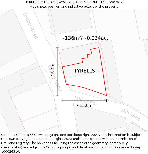 TYRELLS, MILL LANE, WOOLPIT, BURY ST. EDMUNDS, IP30 9QX: Plot and title map