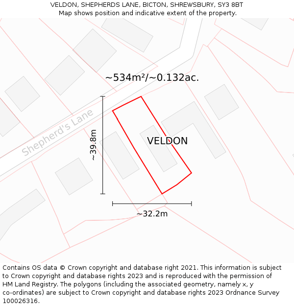 VELDON, SHEPHERDS LANE, BICTON, SHREWSBURY, SY3 8BT: Plot and title map