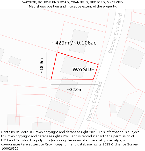 WAYSIDE, BOURNE END ROAD, CRANFIELD, BEDFORD, MK43 0BD: Plot and title map