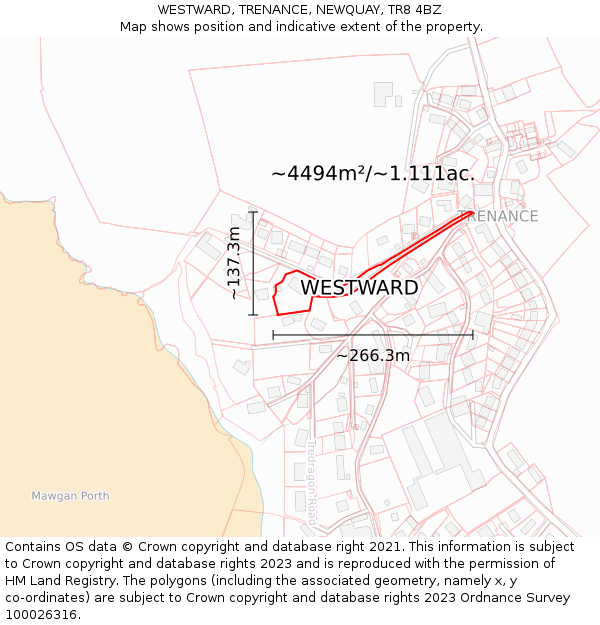 WESTWARD, TRENANCE, NEWQUAY, TR8 4BZ: Plot and title map