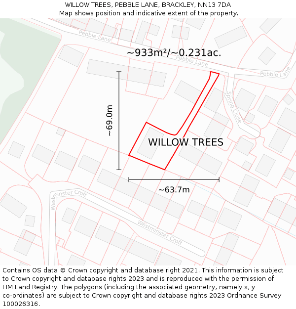 WILLOW TREES, PEBBLE LANE, BRACKLEY, NN13 7DA: Plot and title map