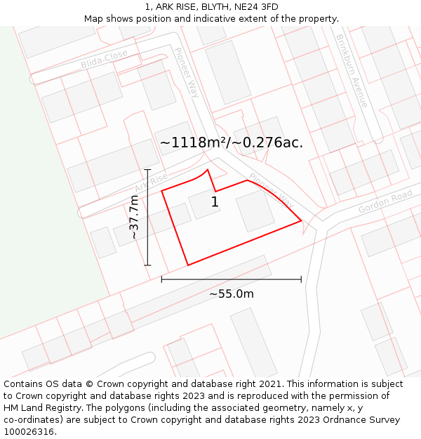 1, ARK RISE, BLYTH, NE24 3FD: Plot and title map