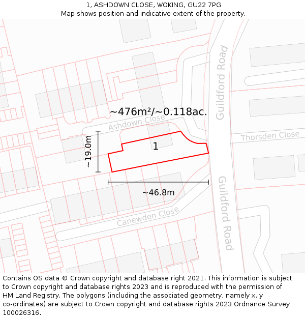 1, ASHDOWN CLOSE, WOKING, GU22 7PG: Plot and title map