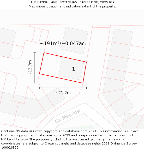 1, BENDISH LANE, BOTTISHAM, CAMBRIDGE, CB25 9FP: Plot and title map