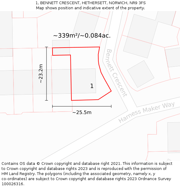 1, BENNETT CRESCENT, HETHERSETT, NORWICH, NR9 3FS: Plot and title map
