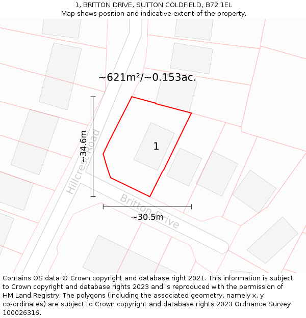 1, BRITTON DRIVE, SUTTON COLDFIELD, B72 1EL: Plot and title map