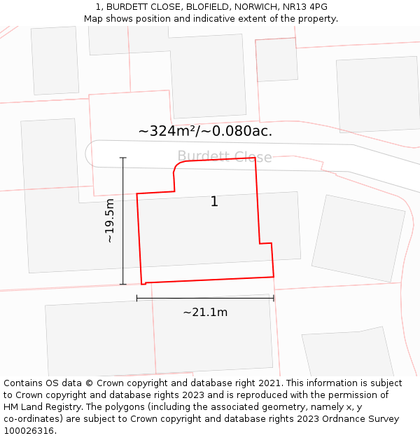 1, BURDETT CLOSE, BLOFIELD, NORWICH, NR13 4PG: Plot and title map