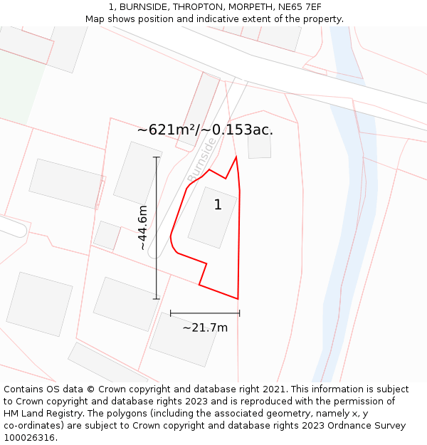 1, BURNSIDE, THROPTON, MORPETH, NE65 7EF: Plot and title map