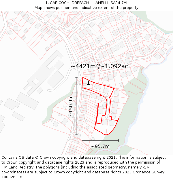 1, CAE COCH, DREFACH, LLANELLI, SA14 7AL: Plot and title map
