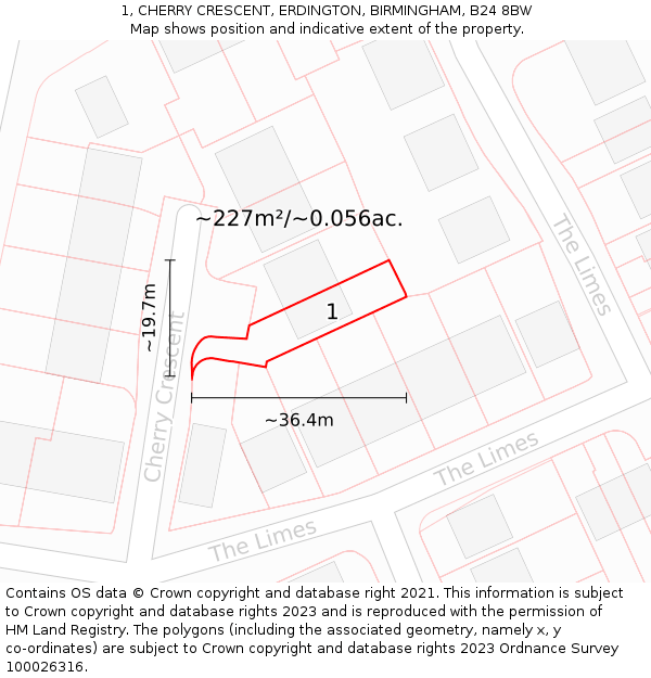 1, CHERRY CRESCENT, ERDINGTON, BIRMINGHAM, B24 8BW: Plot and title map