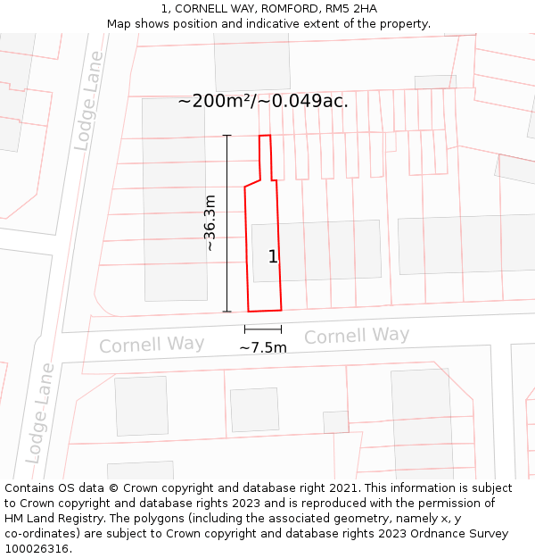 1, CORNELL WAY, ROMFORD, RM5 2HA: Plot and title map