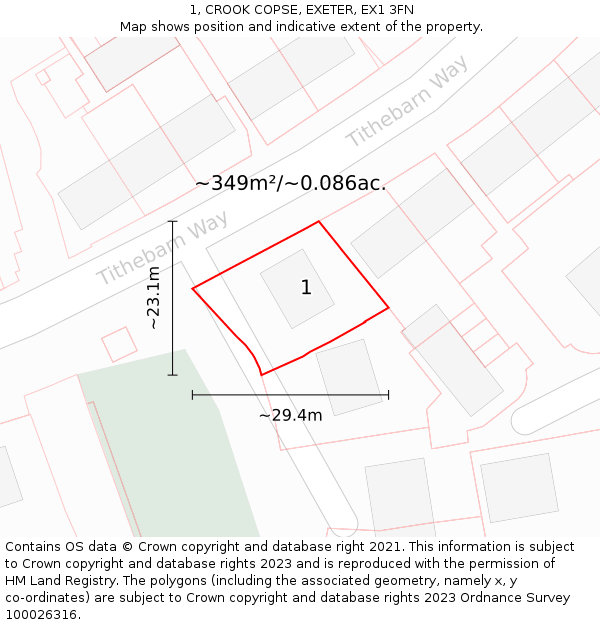 1, CROOK COPSE, EXETER, EX1 3FN: Plot and title map