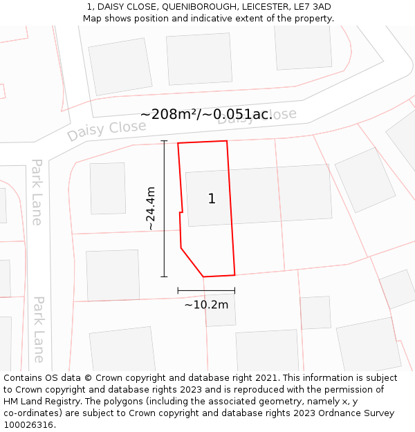 1, DAISY CLOSE, QUENIBOROUGH, LEICESTER, LE7 3AD: Plot and title map