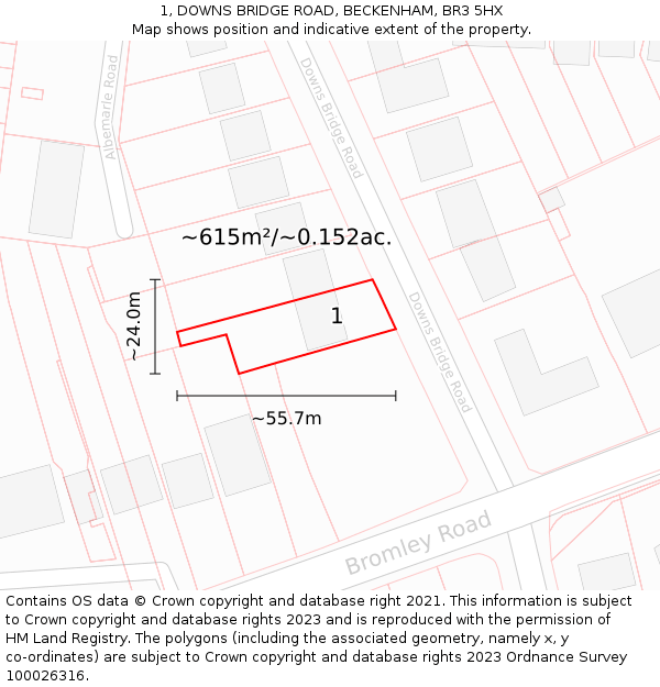 1, DOWNS BRIDGE ROAD, BECKENHAM, BR3 5HX: Plot and title map