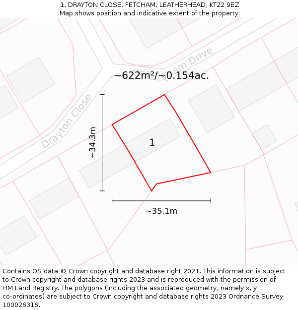 1, DRAYTON CLOSE, FETCHAM, LEATHERHEAD, KT22 9EZ: Plot and title map